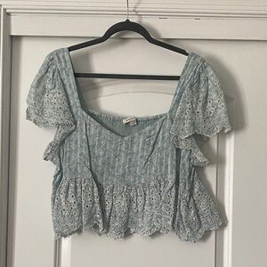 American Eagle - Smocked Eyelet Flutter Sleeve Crop Top - Light Blue